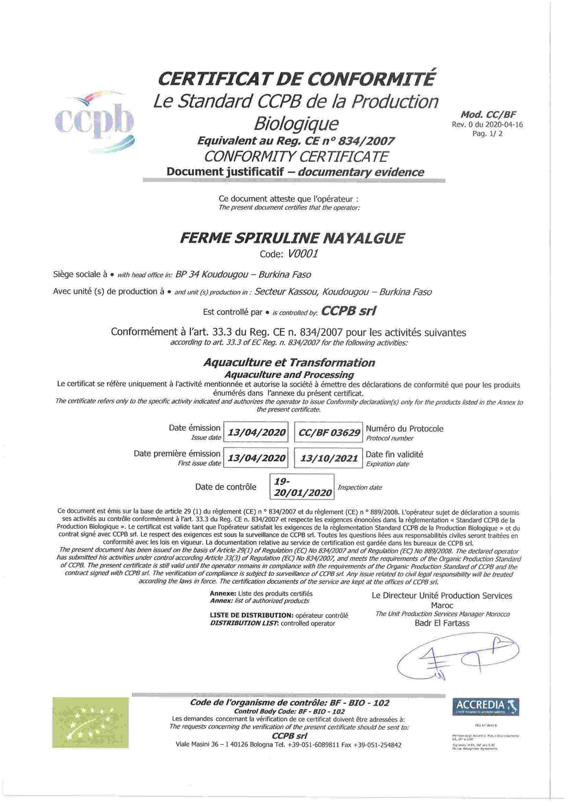 Certificat Spiruline Bio en paillettes solidaire du Burkina Faso